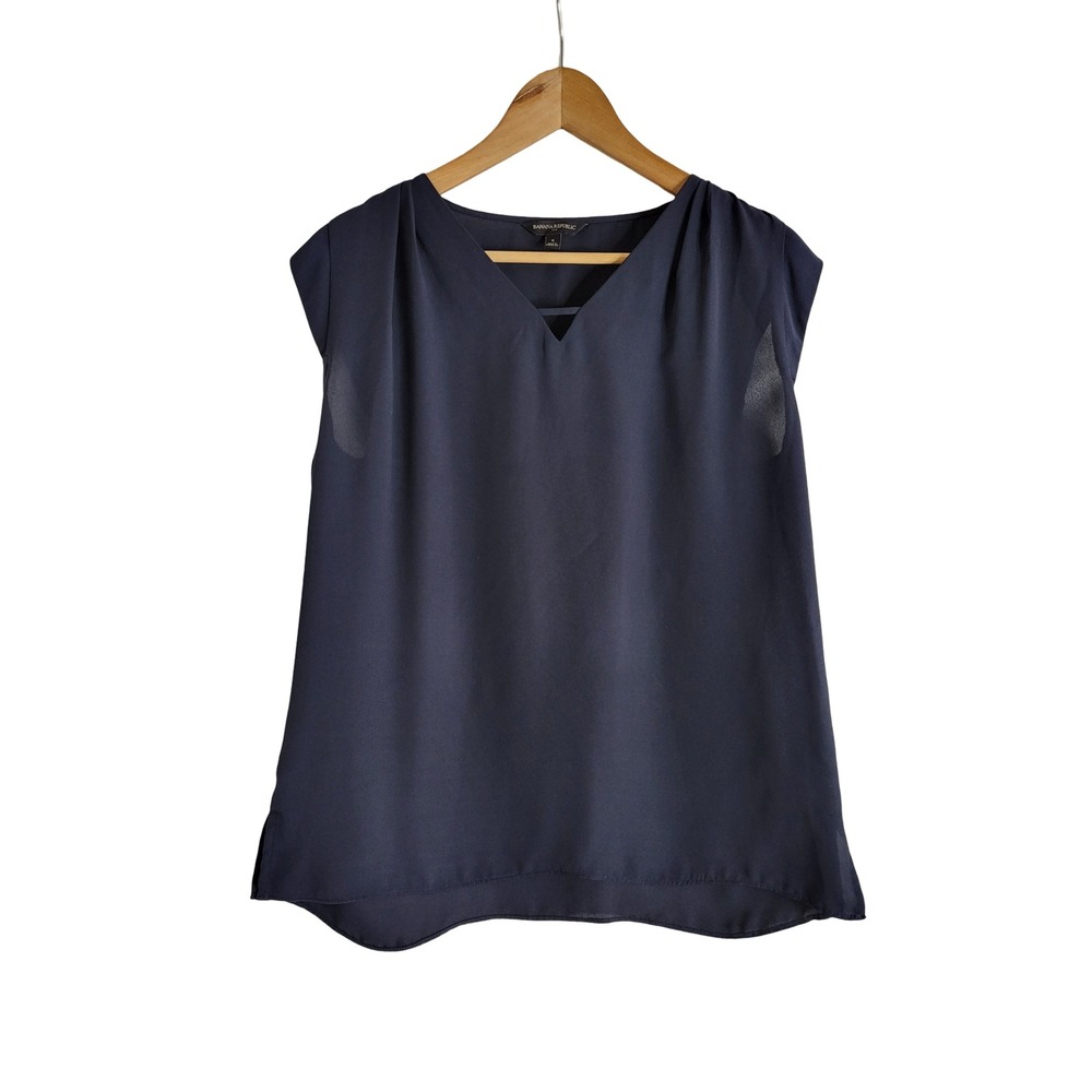 Banana Republic Navy Blue V-Neck Pleated Shoulder Sleeveless Blouse S Corporate